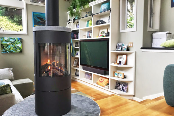 Rais Viva modern fireplace in a living room.