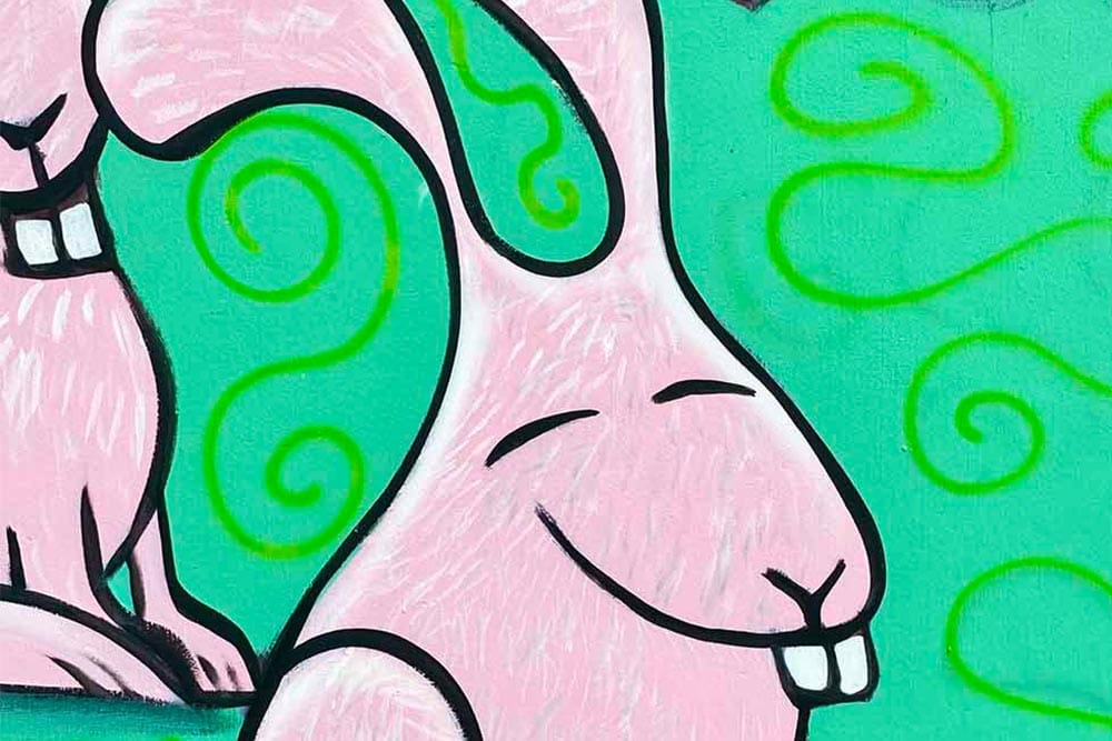 Close up photo of a rabbit mural by Seattle artist Henry.