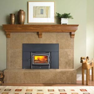 Regency Classic I1150 wood insert in a tan brown tile fireplace with raised hearth