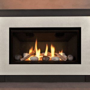 Picture of a Valor Legend G3 gas insert with rock and driftwood twig media set, brushed nickel contemporary surround front, and four sided picture frame black surround