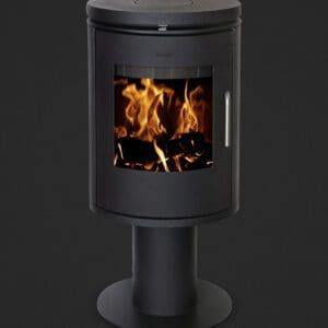 The Morso 6148 Wood Stove uses a contemporary cast iron pedestal design to display the beauty of a wood fire, and heats spaces highly efficiently.