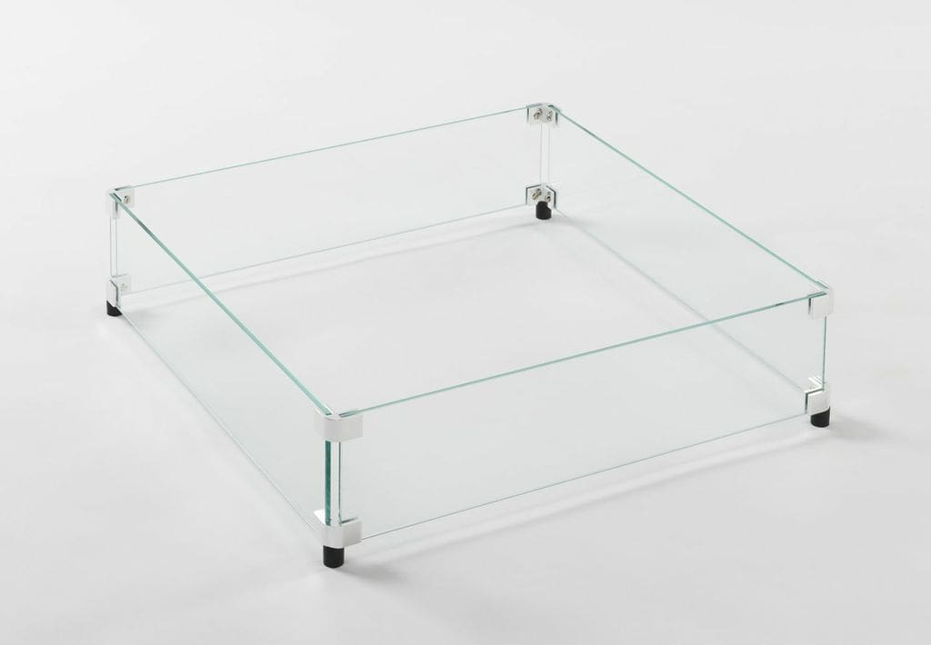 The Outdoor Greatroom Sierra Square Gas Fire Pit Table on a white background with four glass panes