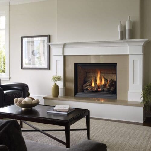 Regency Bellavista 36 inch gas fireplace in a traditional tile facade with raised hearth and white mantel