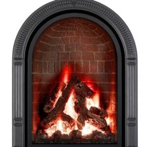 The Mendota Chelsea gas fireplace brings a unique twist to the portrait shape with its statement arch and traditional front options.