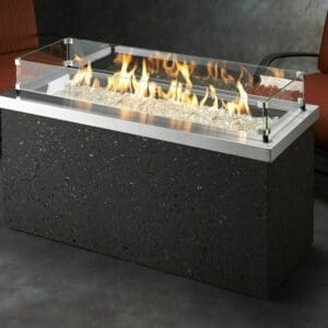 The Key Largo gas fire table by Outdoor Greatroom is a stylish feature to add to any outdoor space, choose the stainless steel or reinforced concrete top.