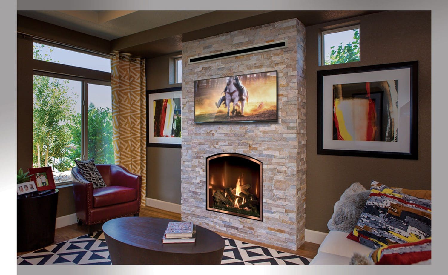The Mendota FV41 gas fireplace in a country style living room