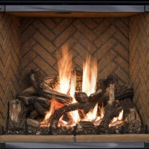 A traditional Mendota FV46 Gas Fireplace with logs and wood burning, featuring a nickel color.