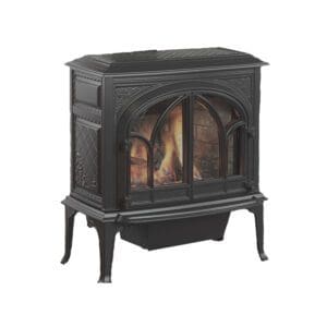 Picture of the Jotul (pronounced yo-tool) Sebago freestanding gas stove in a black cast iron finish with the optional brick interior background panel.