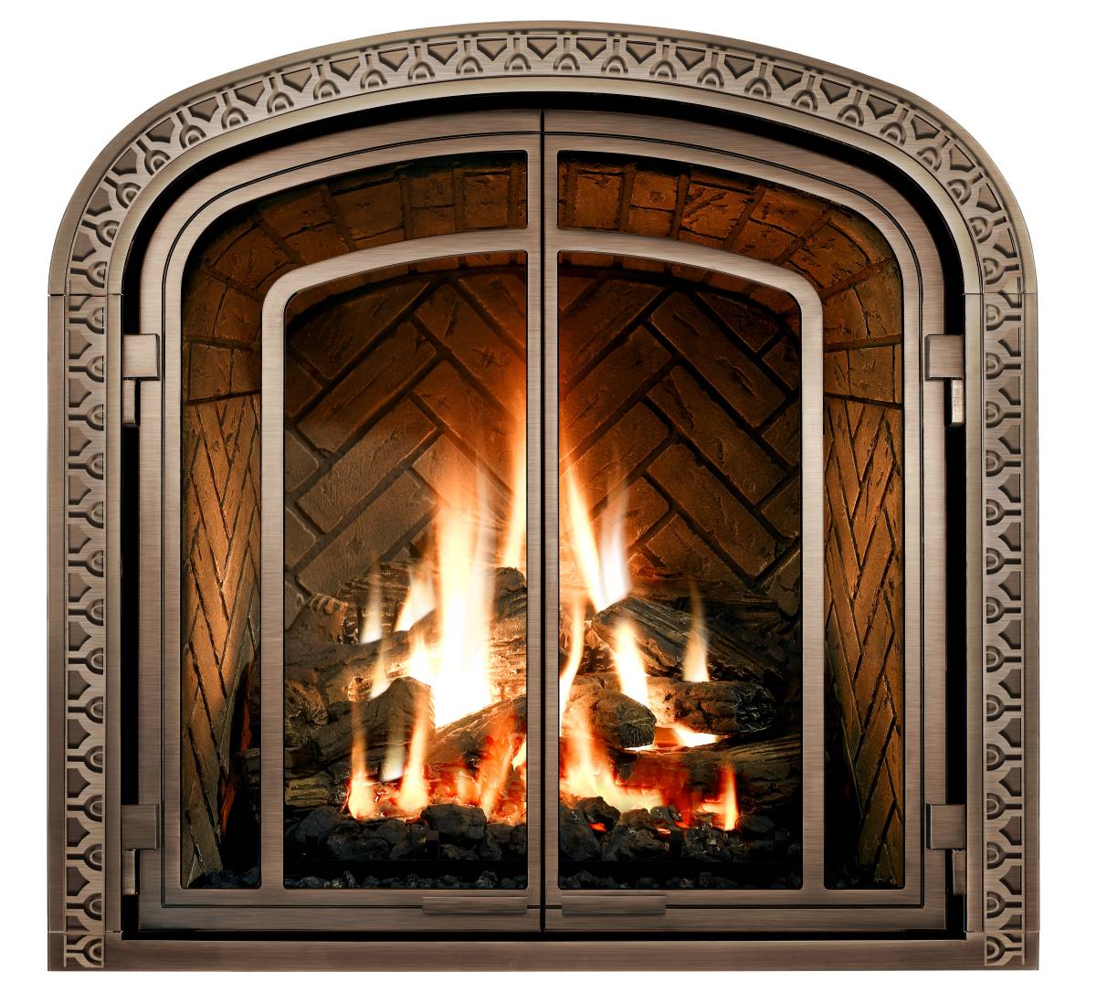 Mendota Greenbriar Gas Fireplace with glass door and fire. Color: Copper.