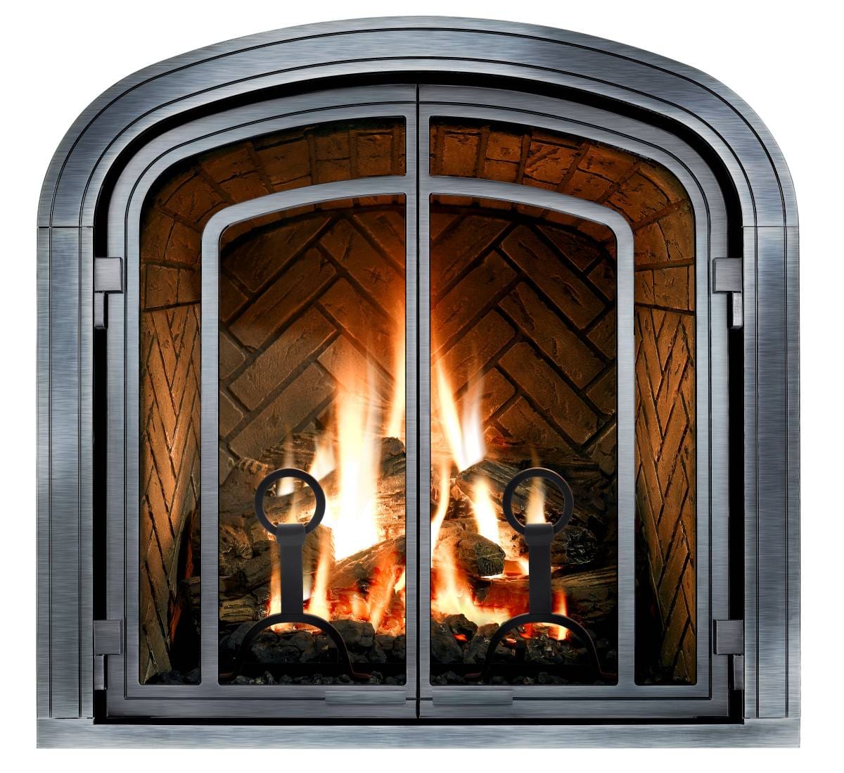Mendota Greenbriar Gas Fireplace with glass door and fire. Color: Nickel.