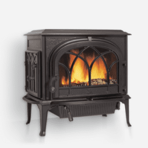 Product image of the Jotul (pronounced yo-tool) F 500 Oslo wood burning stove in a matte black finish