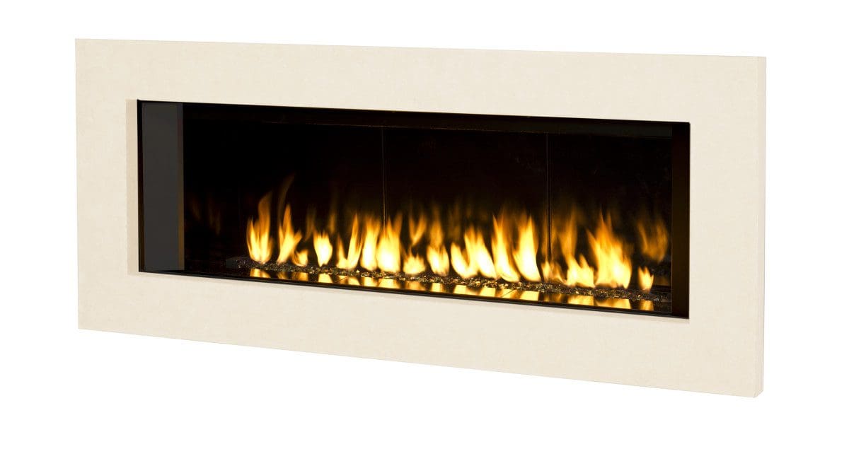 The Valor L2 Linear Gas Fireplace in a rectangle surrounded by white stone