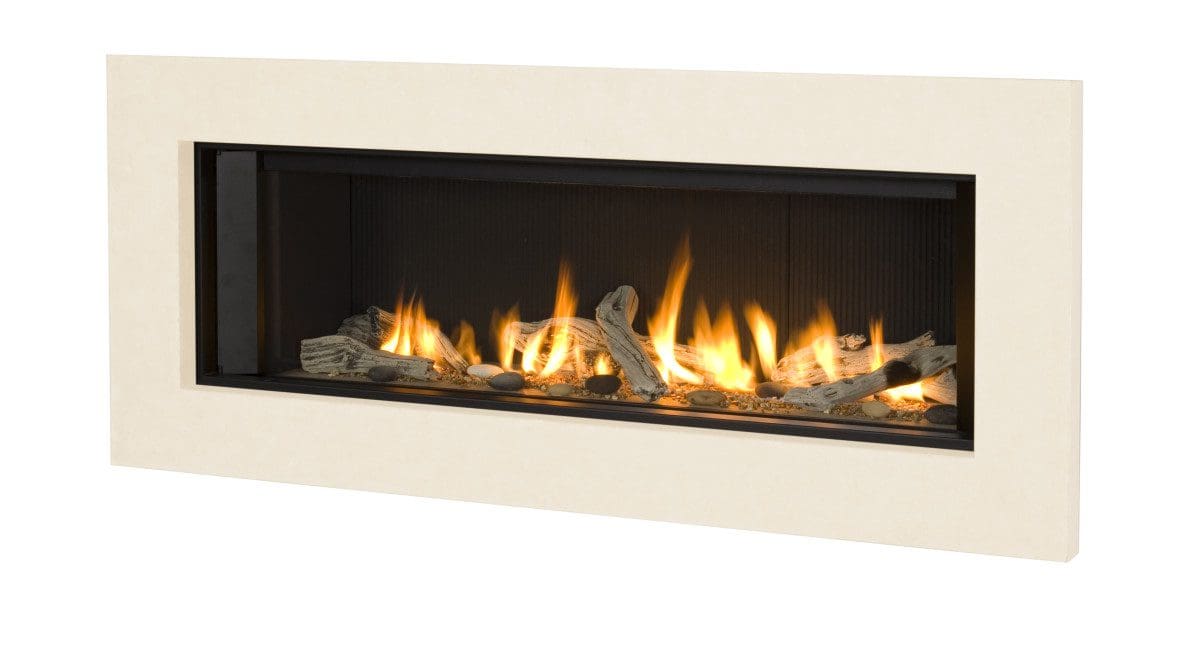 The Valor L2 Linear Gas Fireplace in a rectangle surrounded by white stone