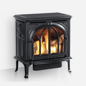 Product image of the Jotul (pronounced yo-tool) gas fired freestanding stove in a matte black cast iron finish