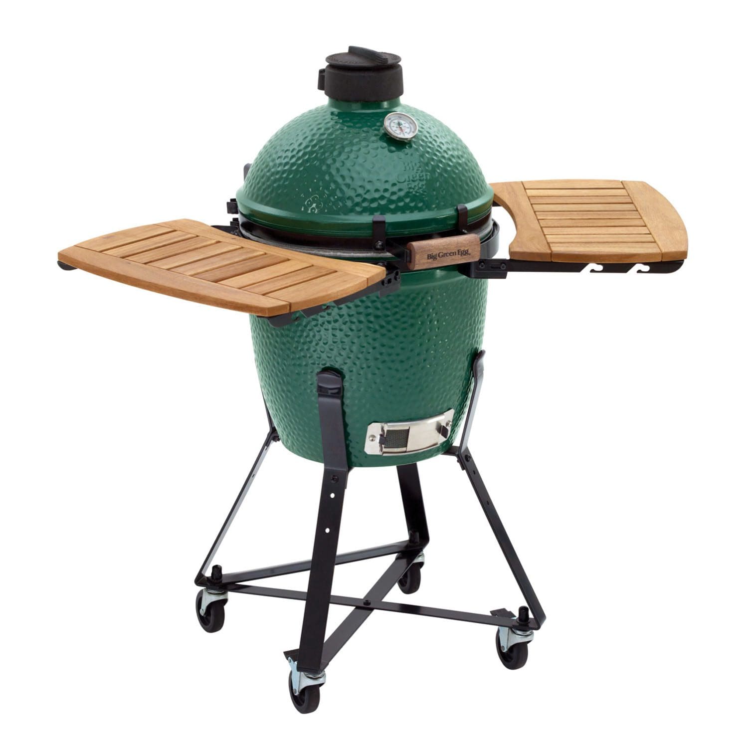 A product photo of the Small Big Green Egg with Acacia wood shelves