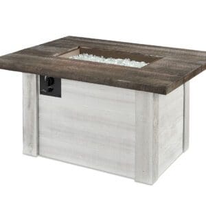 The Alcott rectangular gas firepit table by Outdoor Greatroom is an ideal blend of rustic farmhouse and contemporary design.