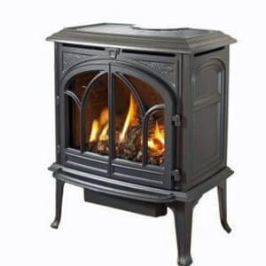 Picture of the Jotul (pronounced yo-tool) Allagash freestanding gas stove in a matte black cast iron finish