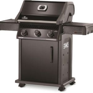 The Napoleon Ambiance 425 gas grill includes heavy duty stainless steel grates, fold down shelves, and a black enamel finish.