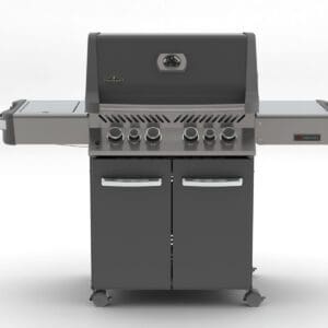 The Ambiance 500 gas grill features a large grilling area with 4 powerful burners and an infrared rotisserie with an infrared sear burner on the side shelf.