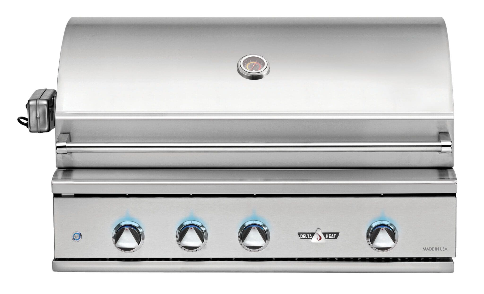 A Delta Heat Gas Grill features a closed stainless steel lid, four control knobs with blue illumination, a built-in lid thermometer, and Relight and Heat indicators between the knobs.