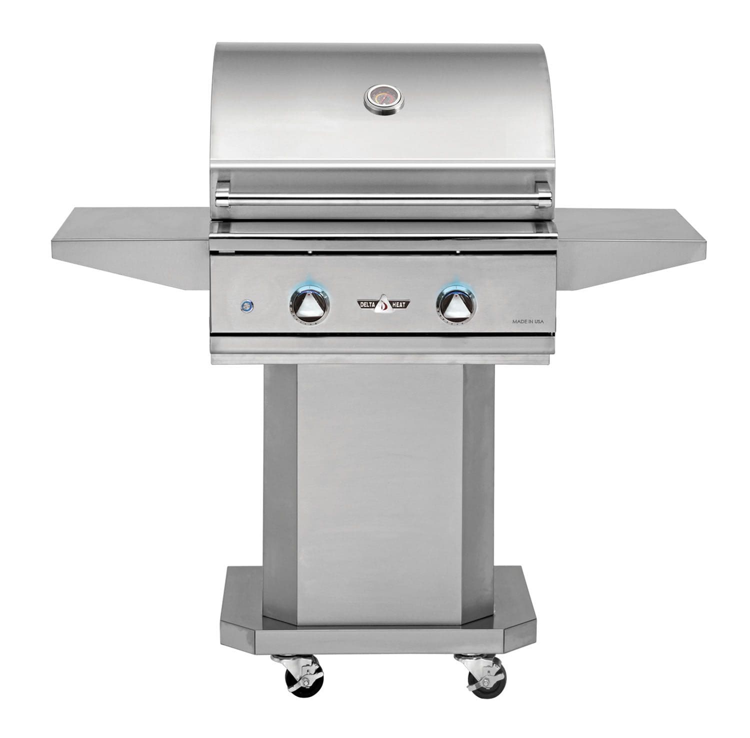 The Delta Heat Gas Grill boasts stainless steel construction, two control knobs, a closed lid, dual side shelves, and four caster wheels for easy mobility.