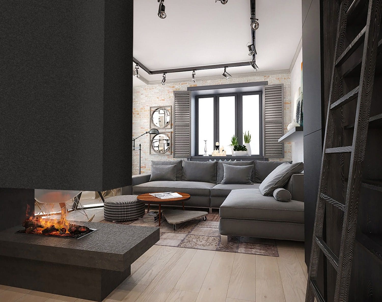 Modern living room featuring a gray sectional sofa, Dimplex Electric Fireplaces, wooden floors, large windows with gray shutters, and minimal decor such as candles and plants on the windowsill.