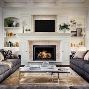 Lifestyle image of the Mendota FV44i gas insert in a craftsman style fireplace