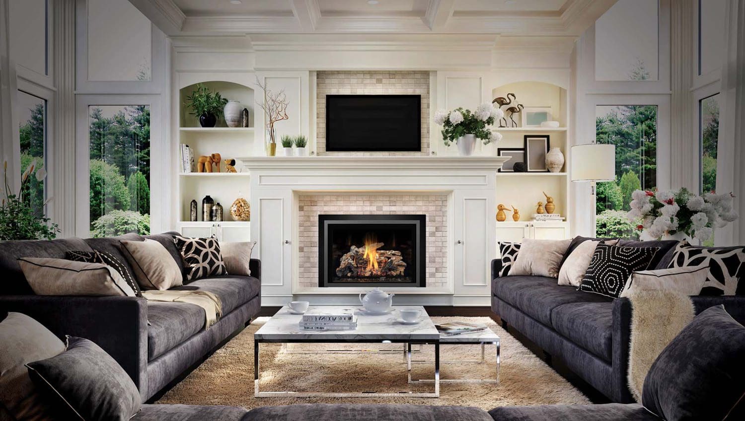 Lifestyle image of the Mendota FV44i gas insert in a craftsman style fireplace