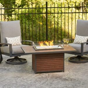 The Outdoor Greatroom Kenwood Gas Firepit Table is available in both the class, low riding, chat height, and as an outdoor dining table.