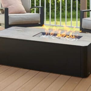 The Outdoor Greatroom Rectangular Gas Firepit Table has an ultra-compact top with a one-of-a-kind finish to make every space special.