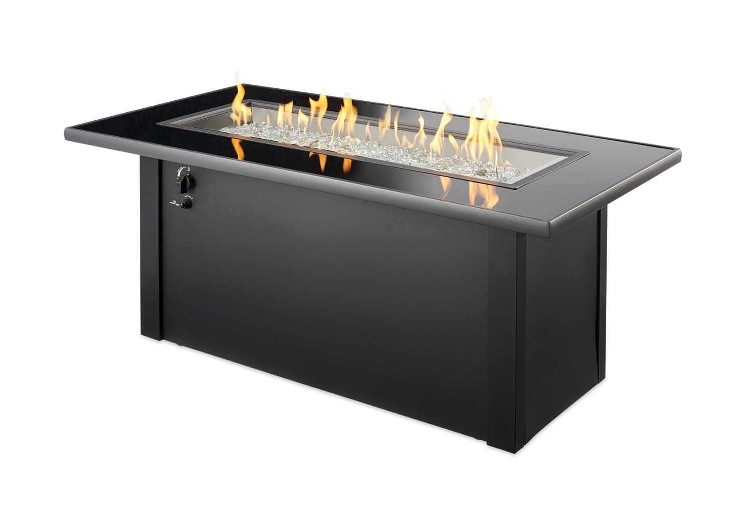 The Monte Carlo rectangular firepit table has a contemporary black glass top that reflects the beautiful flame and enhances the overall outdoor experience.
