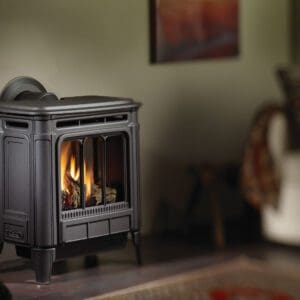 Picture of the Hampton H27 freestanding cast iron gas stove in a charcoal gray matte cast finish