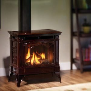 Picture of the Hampton H35 freestanding cast iron gas stove in the timberline brown high gloss enamel finish
