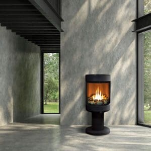 The Enviro S50 Freestanding gas stove is a contemporary option with a large curved glass window providing incredible view of the flame.