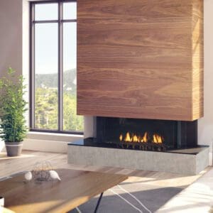 The Regency City Series San Francisco Bay gas fireplace features a three-sided, double glass barrier, to admire the beauty of the flames from any angle.