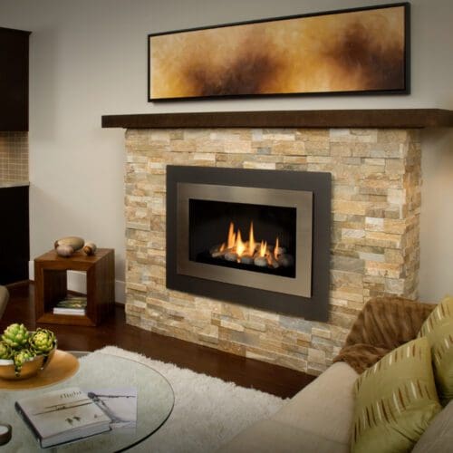The layered trim frames of the Valor H4 gas fireplace create a warm, comforting, flame that is rated to heat about 800 sq ft, operable on 4 AA batteries.