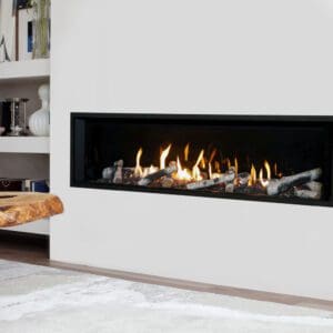The Valor L3 linear gas fireplace is the largest of the Valor series. At about 66" wide, it suits traditional splitwood, birch logs, or even glass diamonds.