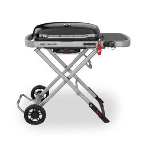 The Weber Traveler Portable propane grill is road trip ready with a large cooking surface pre-attached to a collapsible rolling cart.