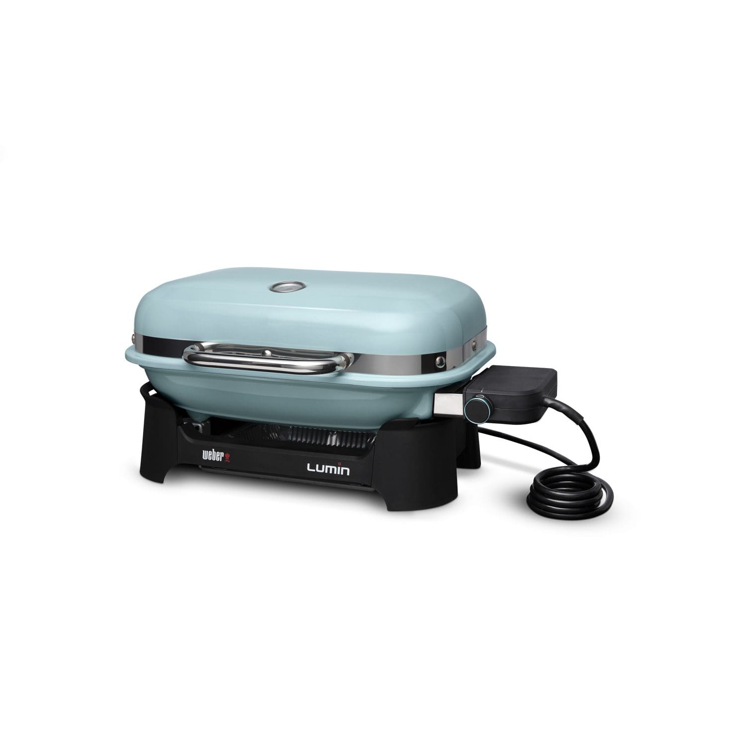 The Weber Lumin electric grill in ice blue
