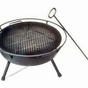 Picture of the Monterey wood burning firepit by California firepits. Includes a steel spark screen, angled poker, diamond shaped cook grate and bumper guard around the 24" diameter firebowl.