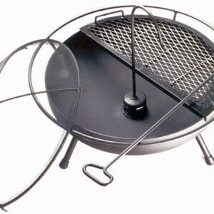 Picture of the 30 inch Tahoe wood burning firepit by California firepits. Includes accessories shown are the half cook grate, kettle hook, steel spark screen, and bumper guard around the base of the firebowl.
