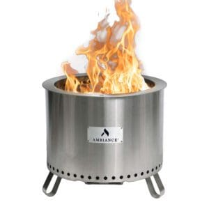 Picture of the Fiero smoke less wood burning firepit by Ambiance. A stainless steel cylinder with air holes around the base and top of the combustion bowl to allow for secondary burning of the gases, making it smoke less.