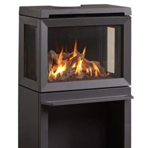 Product image of the Jotul (pronounced yo-tool) GF 520 direct vent freestanding gas stove. Features front and side viewing windows to see the warm flames from three sides. The square shape adds simple elegance to the versatile black cast finish