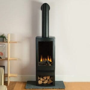 Bramshaw freestanding electric stove with log holder base and decorative vent pipe extension in a Scandinavian modern living room