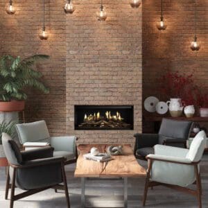 E-one 100 Electric Fireplace built in to an industrial brick façade.