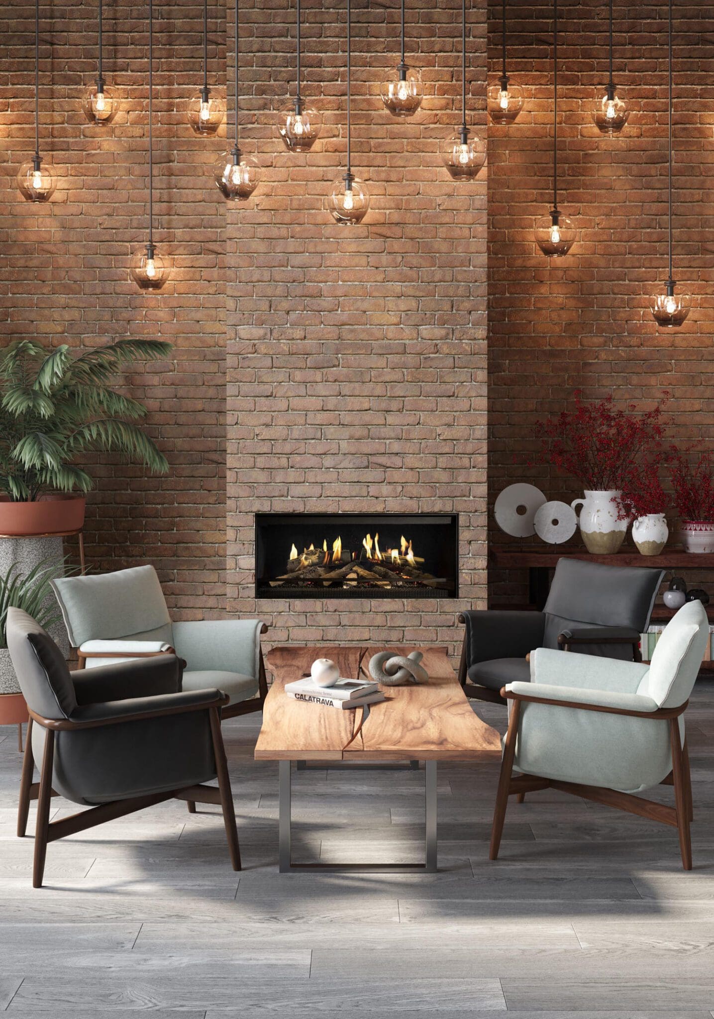 E-one 100 Electric Fireplace built in to an industrial brick façade.