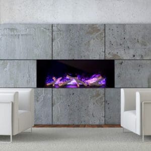 NetZero Waterplace featuring interior design of modern armchairs on front of a concrete fireplace facade