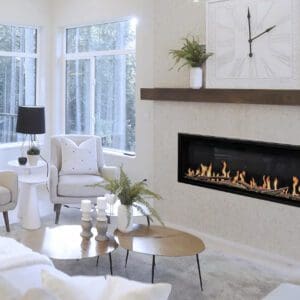 Modern Flames Orion Linear virtual electric fireplace featured in a Spacious Big Living Room Of Luxurious Estate With Wooden Elements. Modern Mansion Interior With With A New Stylish Furniture Design Concept For Residential Home.