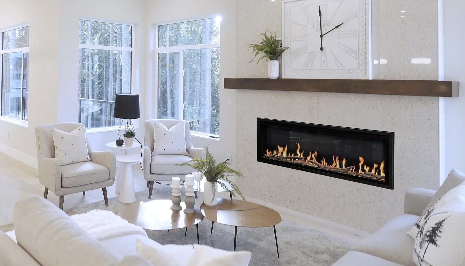 Modern Flames Orion Linear virtual electric fireplace featured in a Spacious Big Living Room Of Luxurious Estate With Wooden Elements. Modern Mansion Interior With With A New Stylish Furniture Design Concept For Residential Home.
