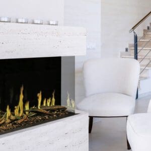 Close up of multi sided Modern Flames Orion with corner orientation in a modern living room space